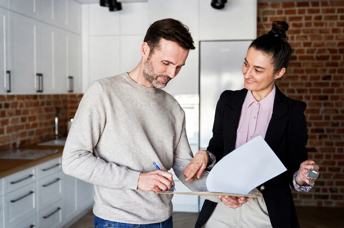Property manager going over a contract with her friend
